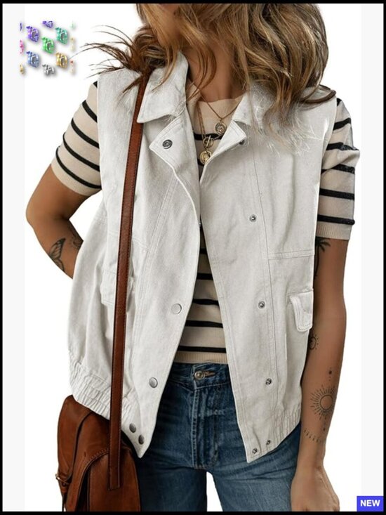 Jackets & Blazers - Sleeveless Cargo Vest Button-Down Lapel Collar Elastic Hem Boxy Style